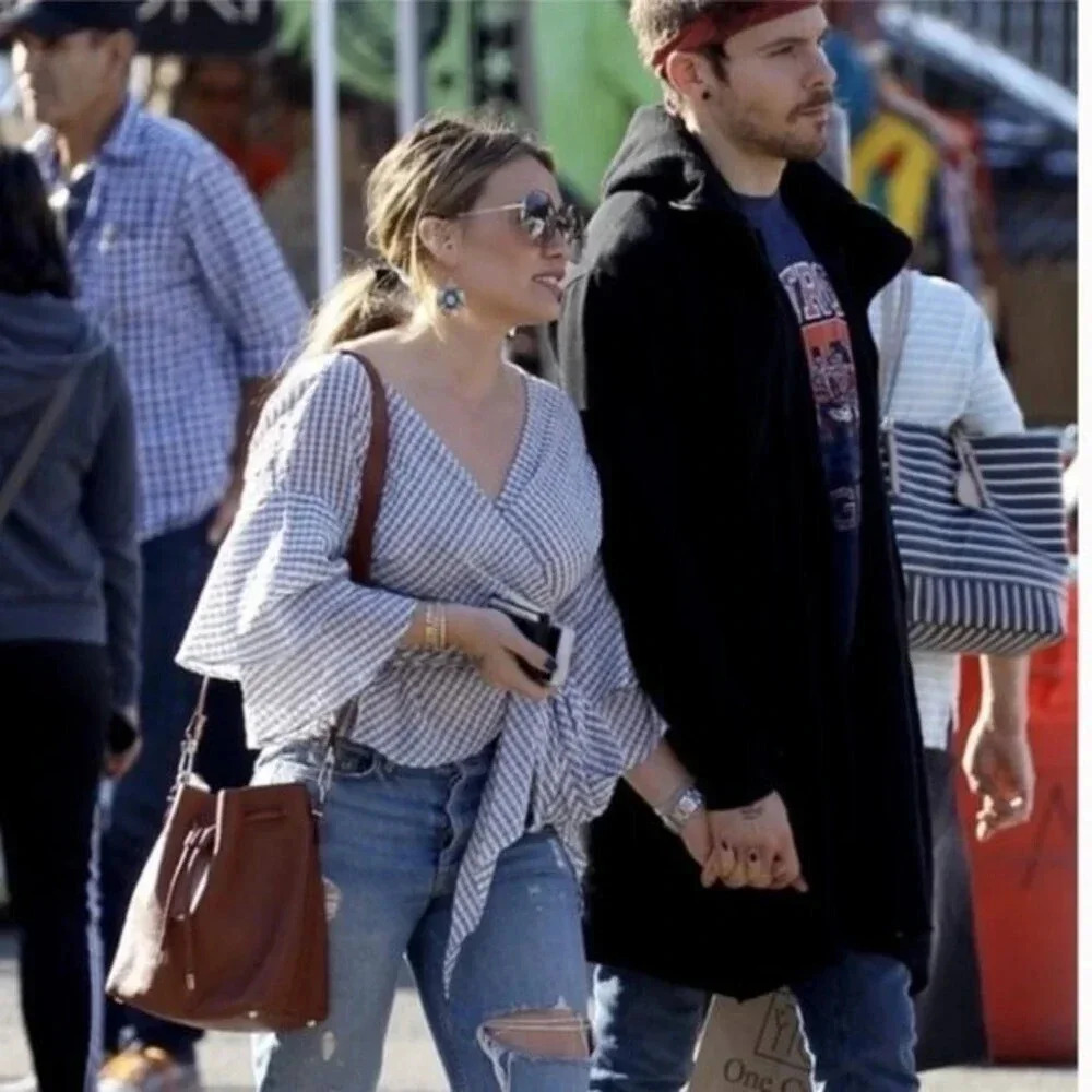 NEW WAYF Beckett Gingham Tiered Bell Sleeve Wrap Tops Size M